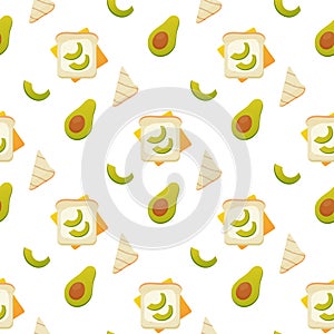 Seamless pattern, breakfast sandwiches, toast with avacado and sausage, vector. For wrapping paper, fabric, background