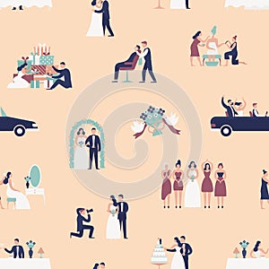 Seamless pattern with bride and groom preparing for wedding ceremony. Backdrop with preparations for marriage and