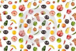 Seamless pattern bright appetizing fruits and vegetables with light shadow