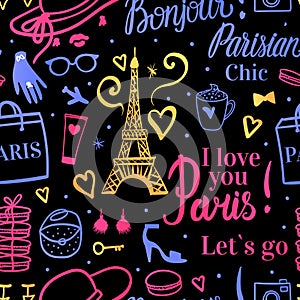 Seamless pattern. Bright color Shopping in Paris. Bonjour Lets go Travel Eiffel Tower. Fashion illustration on dark background.