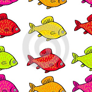 Seamless pattern bright colored fish on a white background
