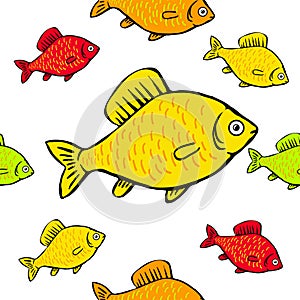 Seamless pattern bright colored fish on a white background