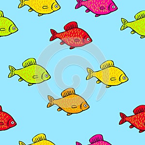Seamless pattern bright colored fish on a white background