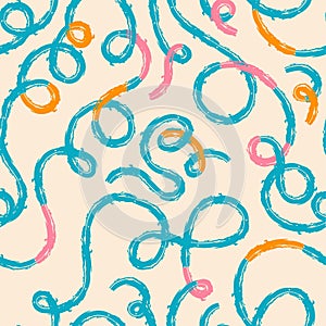 Seamless pattern of bright colorful abstract squiggles print, continuous line, textured scribble spiral and wavy lines