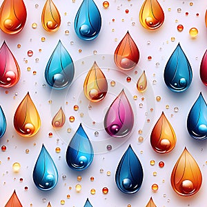 seamless pattern with bright colorful rainbow water drop droplets on the glass surface on white background
