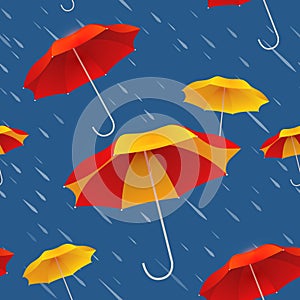 Seamless pattern with bright colorful umbrellas and rain