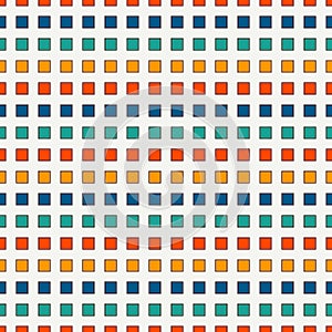 Seamless pattern with bright colors repeated squares. Horizontal dashed lines abstract background. Mosaic wallpaper.
