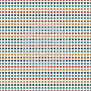 Seamless pattern with bright colors repeated squares. Horizontal dashed lines abstract background. Mosaic wallpaper.