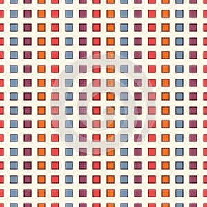 Seamless pattern with bright colors repeated squares. Vertical dashed lines abstract background. Mosaic wallpaper.