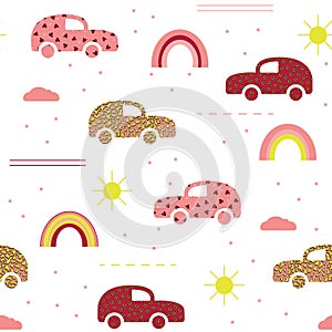 Seamless pattern of bright cute cars on a white background. Cars, rainbow, sun, clouds. For the design of wrapping paper