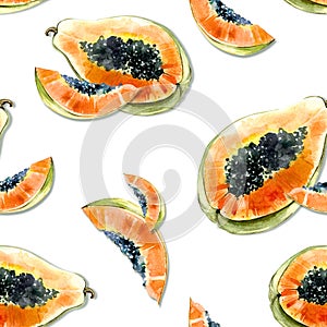 Seamless pattern with bright exotic papaya fruit on white background. Ripe papaya with black seeds cut in half .