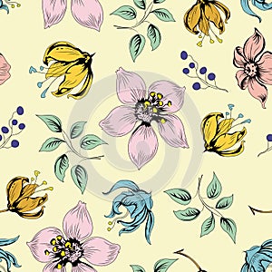 Seamless pattern with bright flowers on a gentle background. The design is suitable for textiles, factories, modern fashion