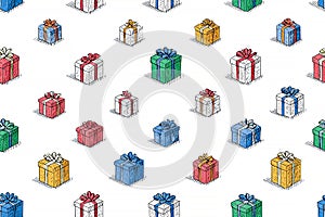 Festive. Seamless pattern. Bright gift boxes. Hand drawn. Minimalist style