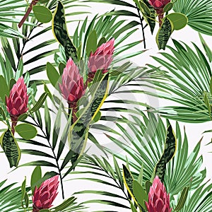 Seamless pattern, bright green colors palm leaves and tropical exotic red protea flowers.