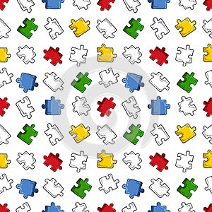 Seamless pattern with bright jigsaw puzzle pieces on white background. Vector sketch illustration in doodle, cartoon vintage