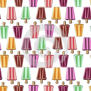 Seamless pattern of bright multi-colored, ice cream on sticks on a white background.