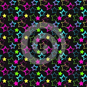 Seamless pattern with bright multi-colored stars on black background