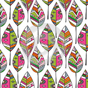 Seamless pattern with bright multicolored leaves with geometric patterns. Abstract design with colorful leaves. Modern art for