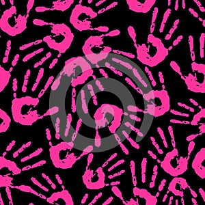 seamless pattern of bright pink handprints on a black background, texture