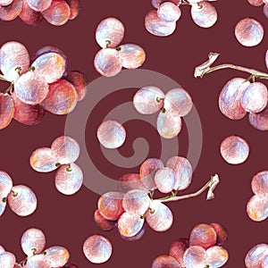 Seamless pattern bright red grape, colored pencils hand drawing, white background isolated