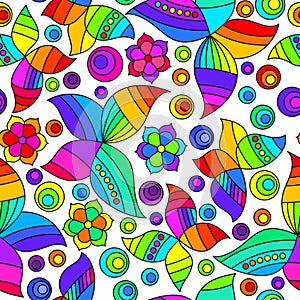 Seamless illustration with bright stained glass butterflies and flowers, moths on a white background