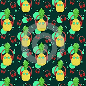 seamless pattern of bright, yellow pineapples in headphones on a dark background