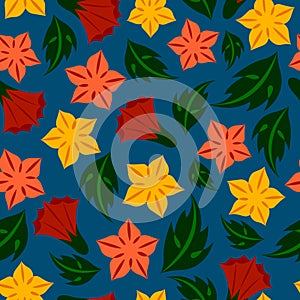 Seamless pattern of bright yellow, red stylized dope flowers with leaves on a dark blue background.