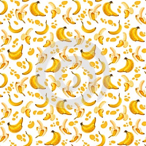Seamless pattern with bright yellow spots and hand-drawn bananas with high details in a realistic style.