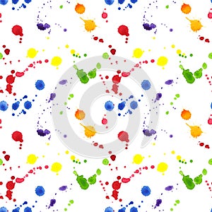 Seamless pattern brightly colored paint splatters. Drop spots colors of rainbow. Artist abstract creation. Tempera