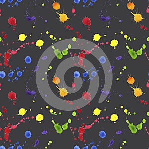 Seamless pattern brightly colored paint splatters. Drop spots colors of rainbow. Artist abstract creation. Tempera photo