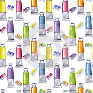 Seamless pattern brightly colored paint tubes cuvettes tempera, gouache. Art supplies rainbow colors. Hand drawn