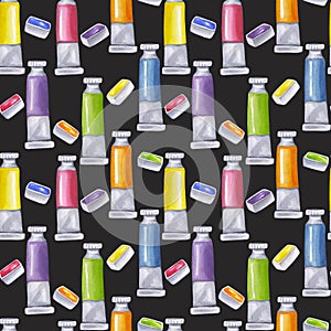 Seamless pattern brightly colored paint tubes cuvettes tempera, gouache. Art supplies rainbow colors. Hand drawn photo