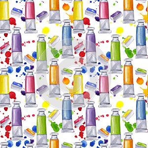 Seamless pattern brightly colored paint tubes cuvettes tempera, gouache. Ink splatters drop spots rainbow colors. Artist