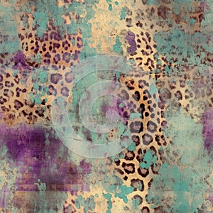 This seamless pattern brings a quilt-like artistry to leopard spots, infusing purple and teal hues for a dreamy