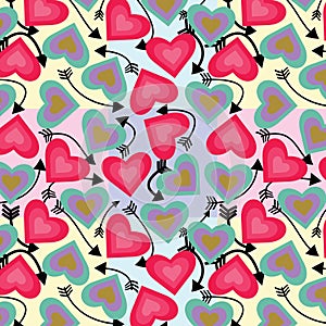 Seamless pattern of brink and parodies pink, red crayola, dark goldenrod, african violet, green sheen color heart with black color