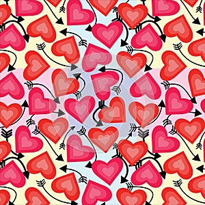 Seamless pattern of brink and parodies pink, red crayola, light coral, vermilion red cmyk color heart with black color arrow