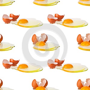 Seamless pattern of broken brown eggs on white background isolated, repeating ornament cracked eggshell halves raw egg yellow yolk