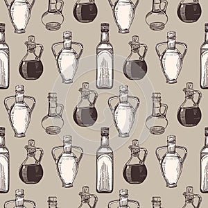 Seamless pattern brown, beige with vegetable oil bottles.