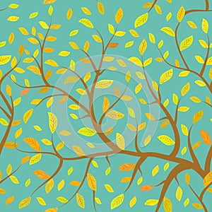Seamless pattern Brown branches with autumn orange yellow leaves, pastel colors on blue sky background. Vector