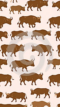 Seamless Pattern of Brown Bull Silhouettes