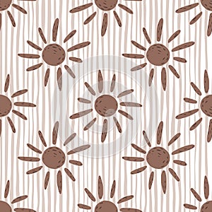 Seamless pattern with brown ethnic sun ornament. Light striped background. Weather artwork in simple style