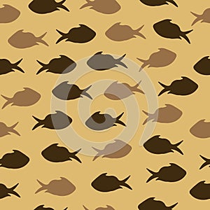 Seamless Pattern with Brown Fish Silhouettes on Light Background.