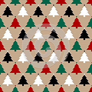 Seamless Pattern Brown Paper And Christmas Trees Red Green Black White