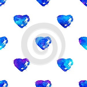 Seamless pattern with brush hearts. Blue color on white background. Hand painted grange texture. Ink grange elements