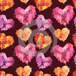 Seamless pattern with brush strokes and blots in heart shapes