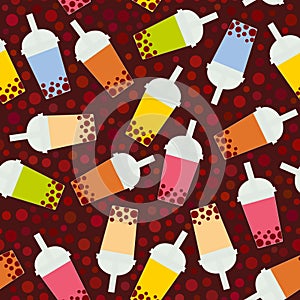 Seamless pattern Bubble Tea with different fruits and berries. Milk Cocktails in plastic cup, tubule. Different sorts of Bubble Te