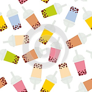 Seamless pattern Bubble Tea with different fruits and berries. Milk Cocktails in plastic cup, tubule. Different sorts of Bubble Te