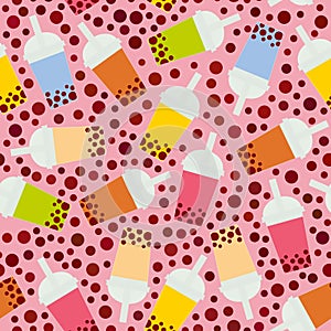 Seamless pattern Bubble Tea with different fruits and berries. Milk Cocktails in plastic cup, tubule. Different sorts of Bubble Te