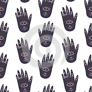 Seamless pattern with buddha hand. Hand drawn vector illustration. Mystical concept for textile, wrapping