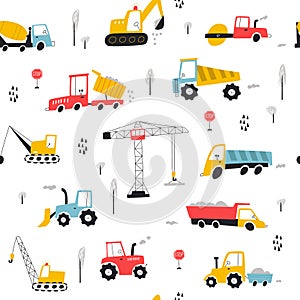 Seamless pattern with building equipment. Kids print. Vector hand drawn illustration